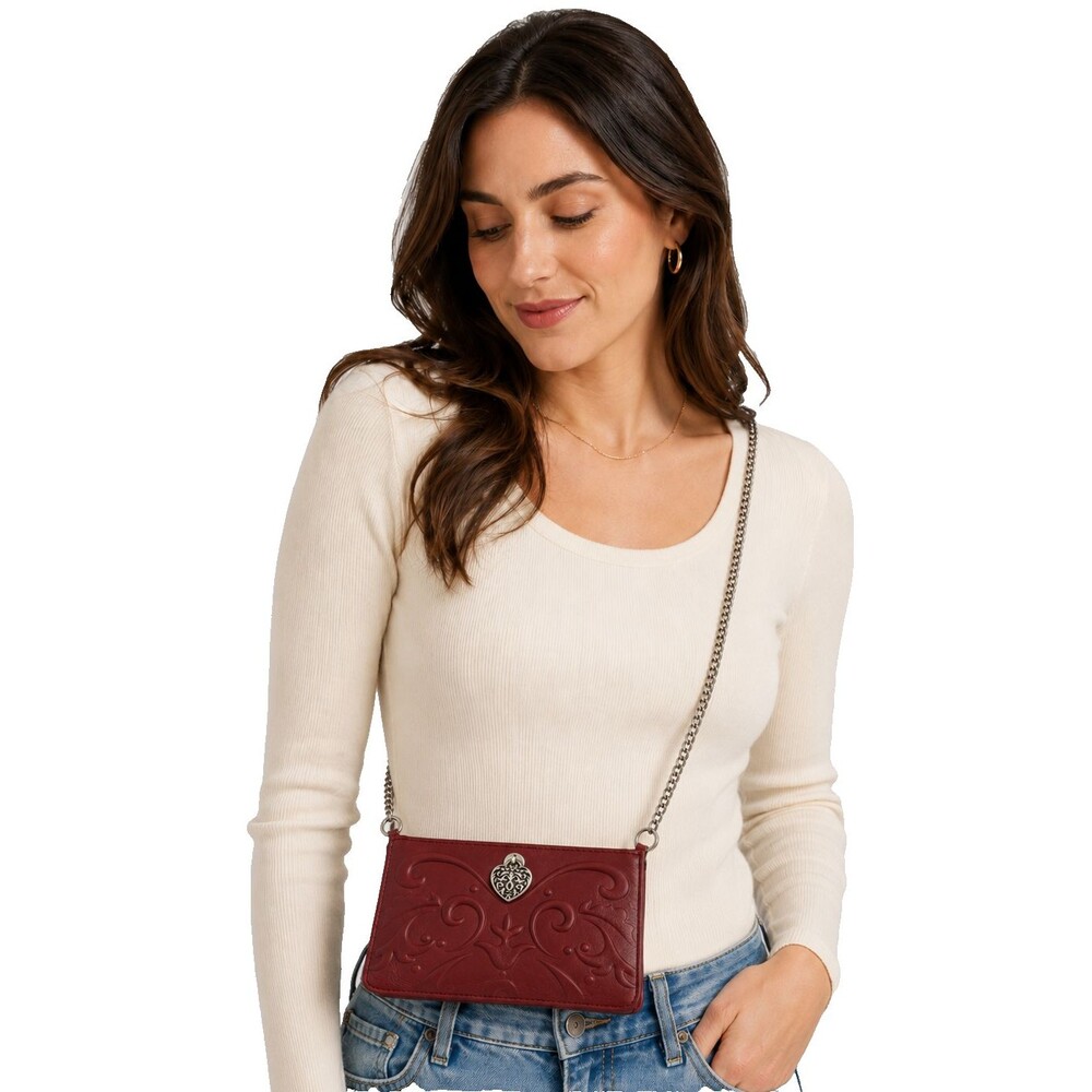 Brighton Ferrara Sangria Leather Wallet Chain Crossbody Bag Embossed Heart NWOT - Picture 2 of 11